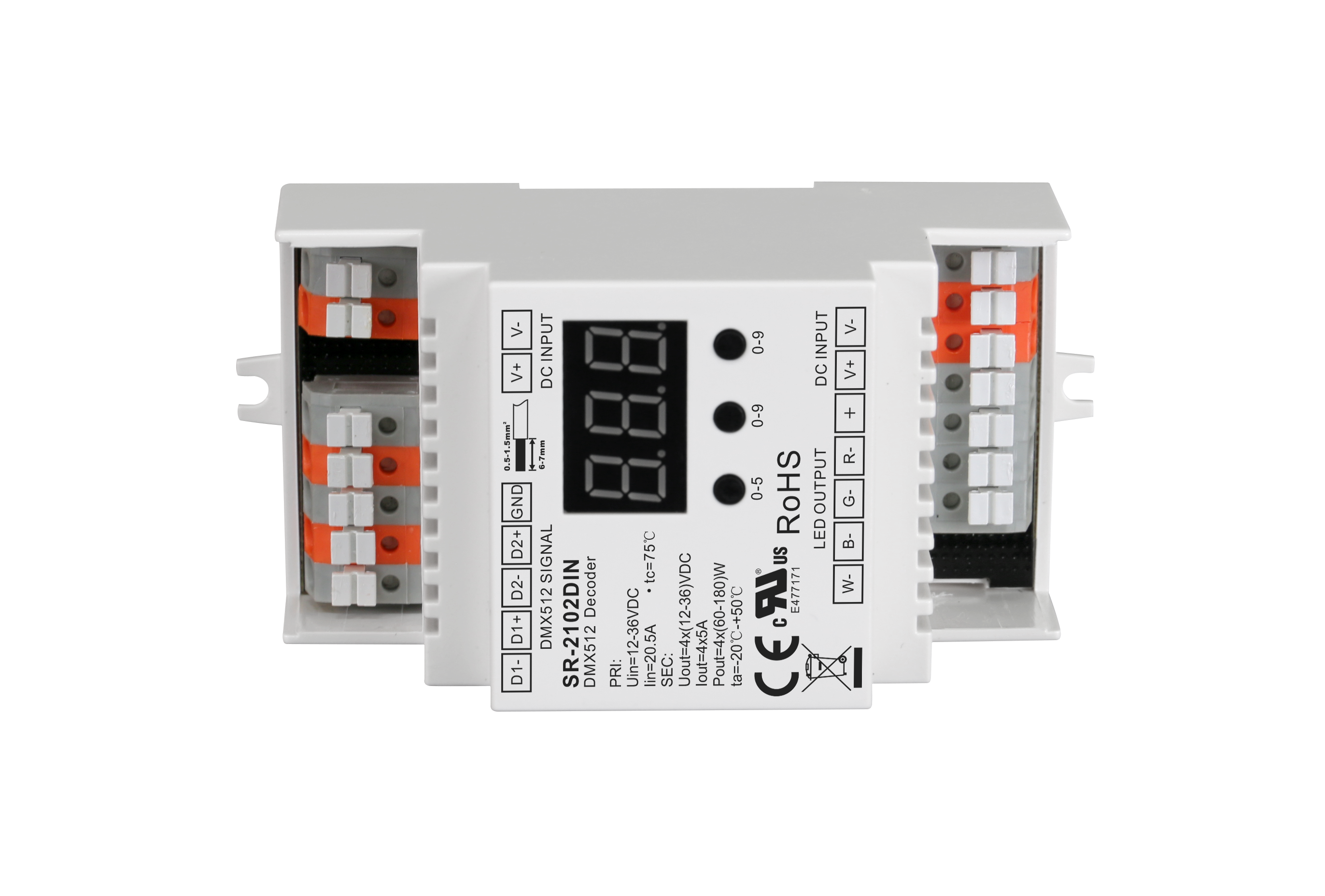 SR-2102DIN Hutschienen DMX512 Decoder – 3/4-Kanal, 5A/Kanal, 12–48 V, RDM & OTA