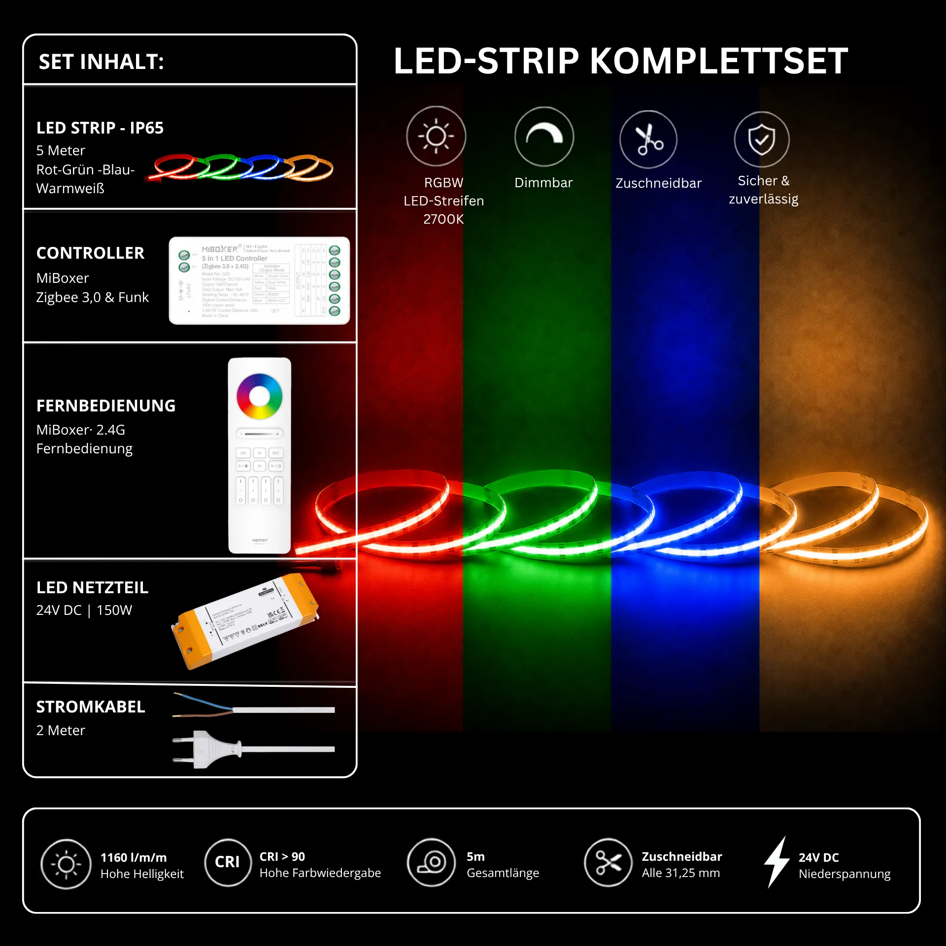LED Streifen Set RGBW – COB LED Streifen 24V, punktfrei, 20 W/m, 5m, RGB + Warmweiß 2700K, CRI 90, IP65 – SS150 Netzteil, SZ5 Zigbee 3.0 Controller & C5 Fernbedienung Weiß