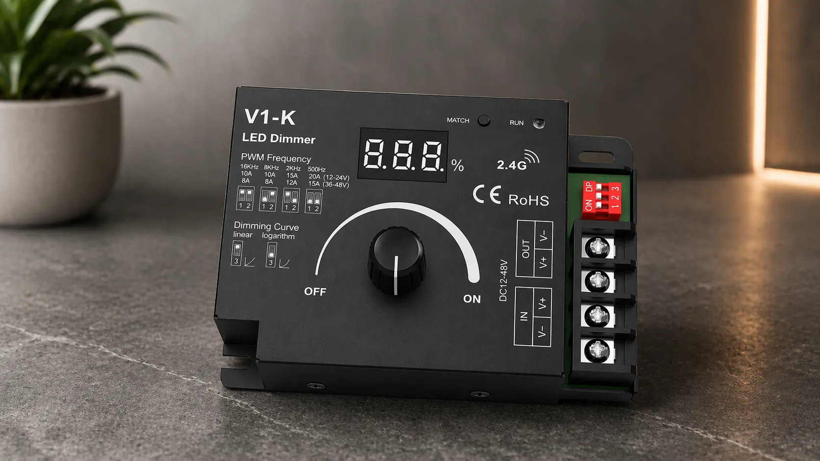 LED Drehdimmer V1-K PWM Steuerung LED Drehdimmer V1-K PWM Controller für 12V bis 48V LED Streifen mit Drehregler
