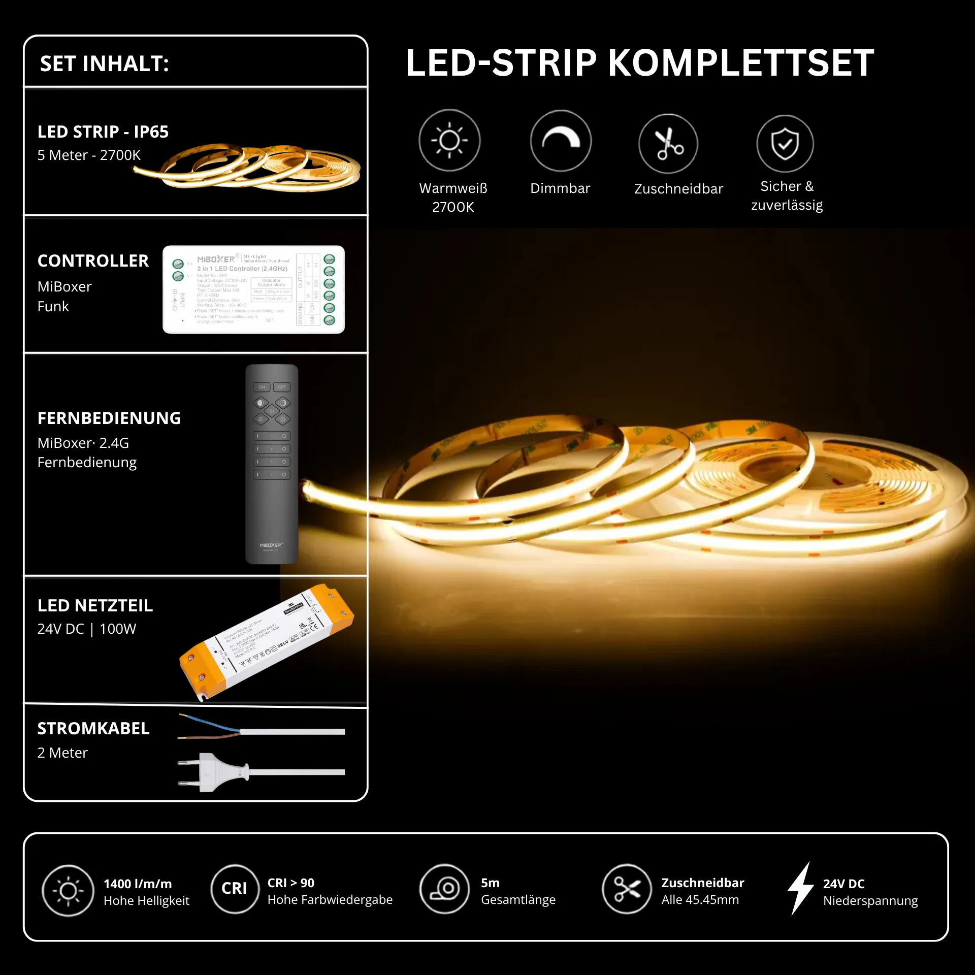 LED Streifen Set Warmweiß – COB LED Streifen 24V, punktfrei, 14 W/m, 5m, 2700K, CRI 90, IP65 – SS100 Netzteil, SR2 Funk-Controller & C1 Fernbedienung Schwarz