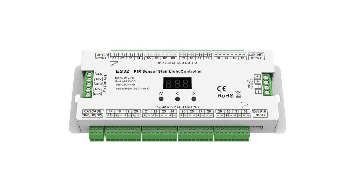 ES32 Treppenbeleuchtungs-Controller mit PIR-Sensor – 32-Kanal LED-Steuerung, 5–24 V DC, automatische Bewegungserkennung