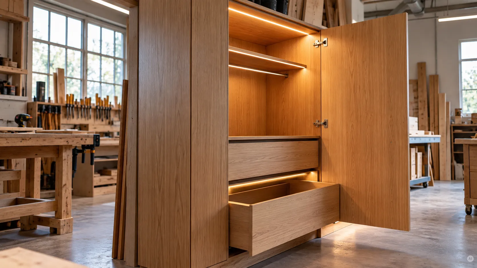 Massivholz-Kleiderschrank aus Eiche mit geöffneter Tür, integrierter LED-Beleuchtung an den Regalböden und ausgezogenen Schubladen in einer Schreinerwerkstatt.