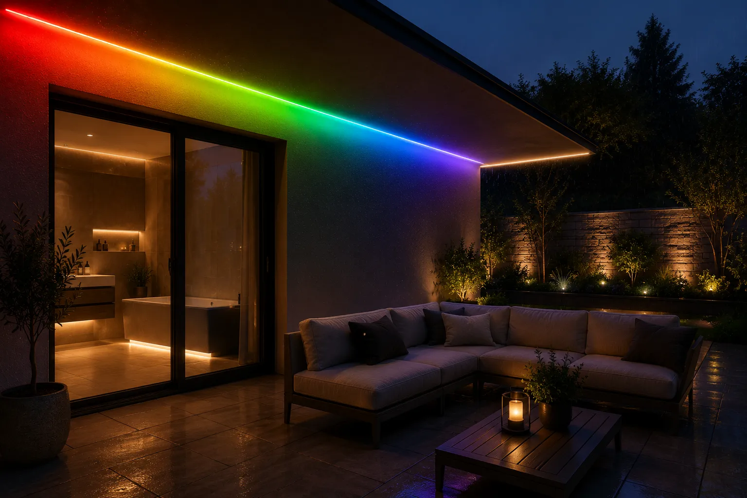 LED Streifen Set RGBCCT IP65 – RGB & CCT Außenbeleuchtung für Terrasse Moderne Terrasse mit RGBCCT IP65 COB LED Streifen und indirekter Außenbeleuchtung.