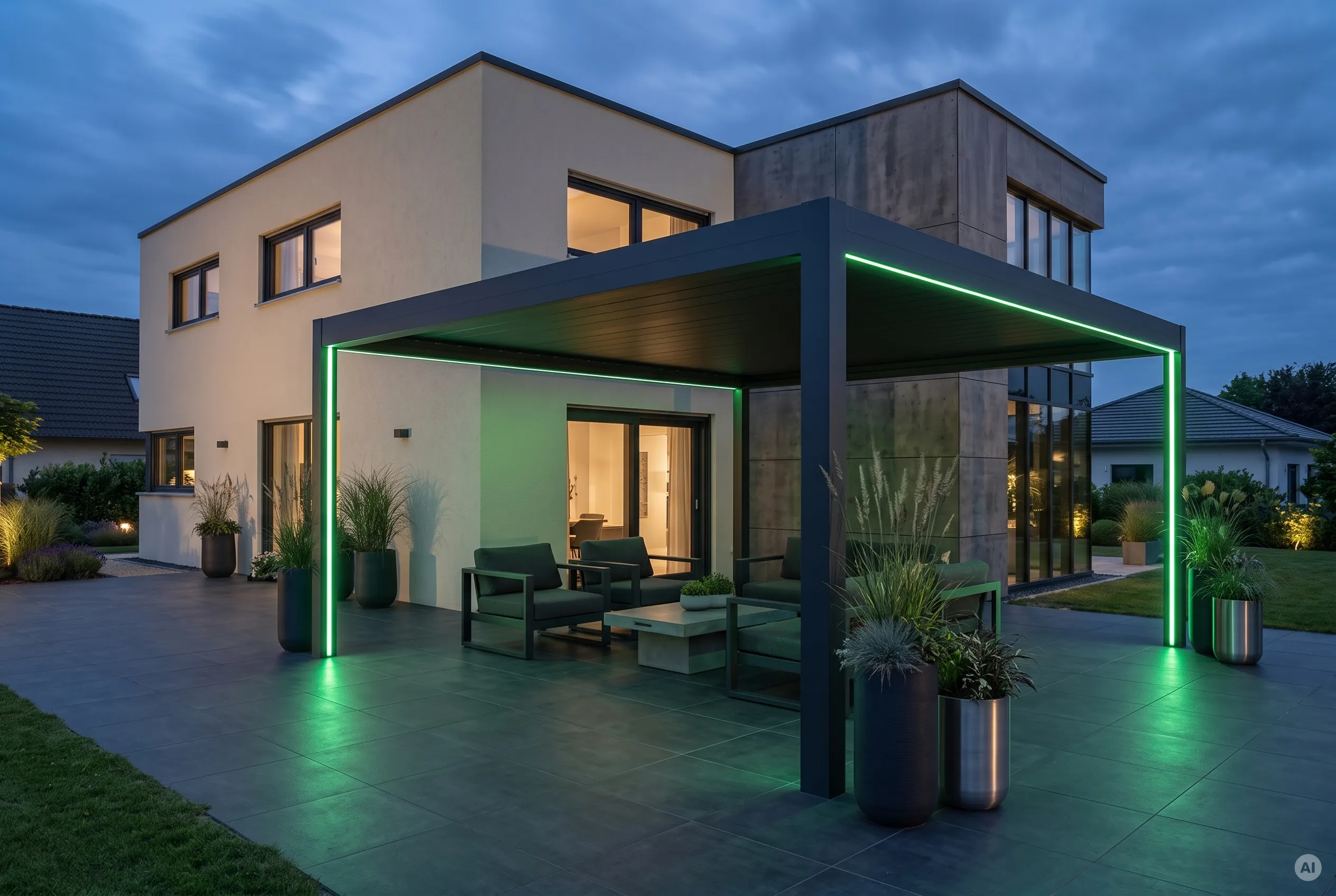 Moderne anthrazitfarbene Terrassenpergola an einem Neubau mit satter grüner LED-Konturbeleuchtung entlang der Pfosten und der Dachkante. Darunter befindet sich eine Loungegruppe auf dunklem Feinsteinzeugboden.