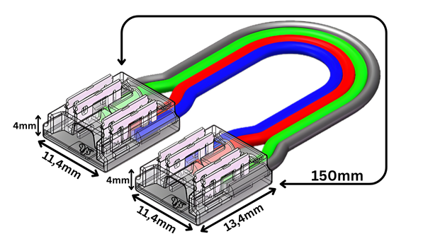 LED Streifen-zu-Streifen Verbinder RGB 4-polig, lötfrei – für 10 mm COB LED-Streifen mit 15 cm Kabel – ideal für farbige Anwendungen – werkzeugfreie Verbindung für saubere LED-Installationen – SK-LED