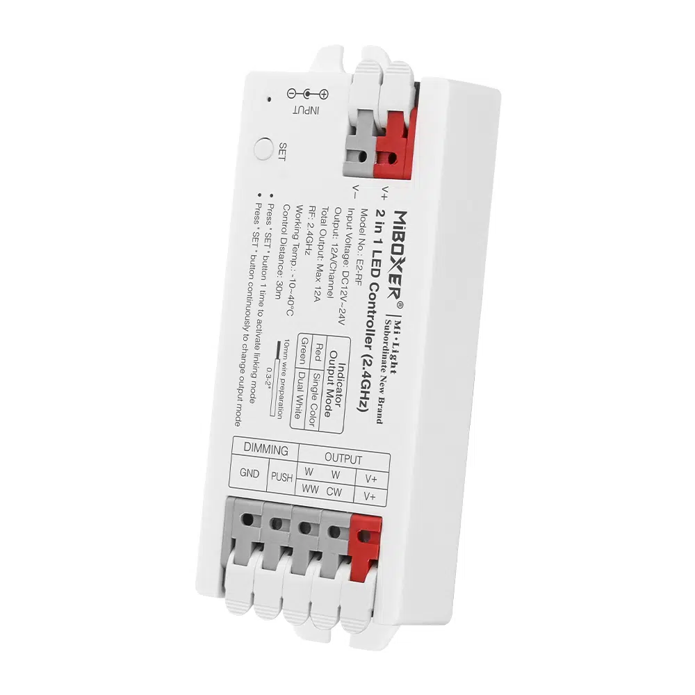MiBoxer E2-RF 2-in-1 LED-Controller (2.4 GHz) – Einfarbig & CCT, 12–24 V, 12 A, Push Dimming