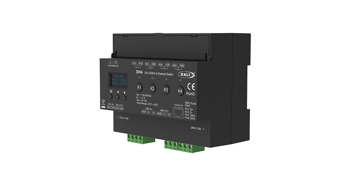 DH4 DALI/DMX AC-Schaltaktor – 4-Kanal, 16A, 100–240V, für Gebäudeautomation und Lichtsteuerungssysteme
