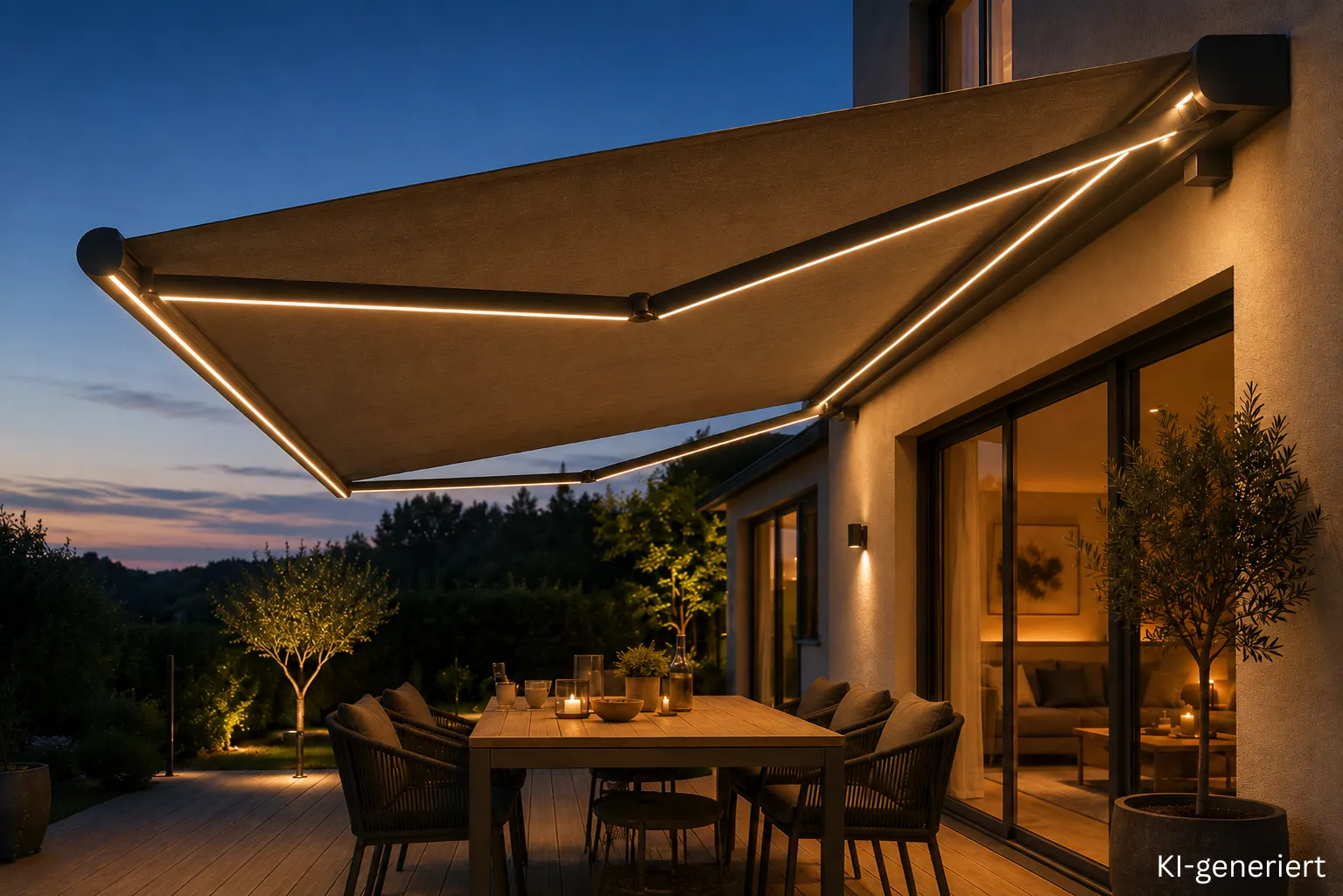 Markisenbeleuchtung mit LED: Lichtlinien an den Gelenkarmen der ausgefahrenen Markise beleuchten den Esstisch auf der Terrasse
