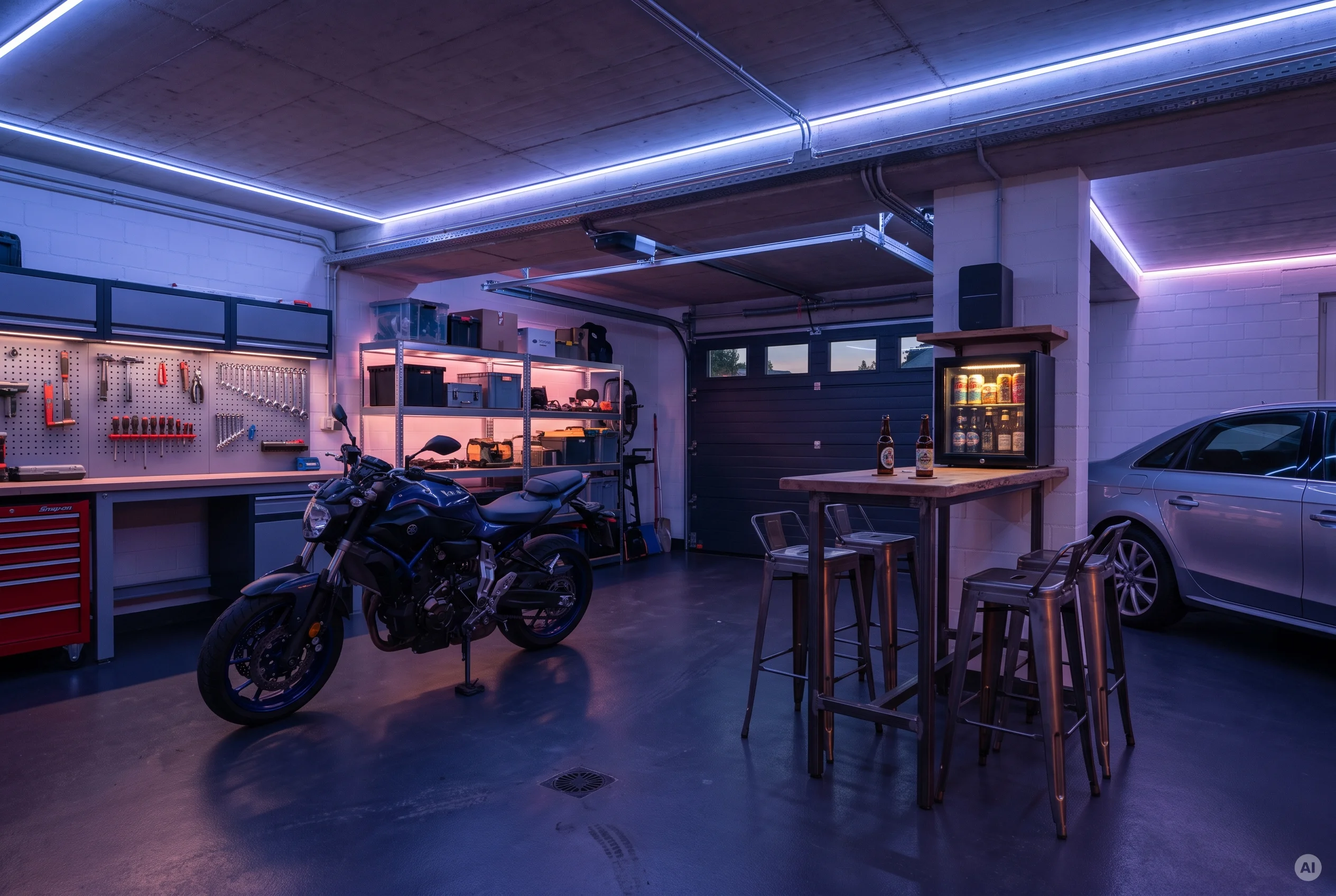 Garagen-Lounge mit stimmungsvoller LED-Beleuchtung Gemütlich beleuchtete Garage mit blauen und rosa LED-Lichtbändern, Stehtisch, Barhockern, Mini-Kühlschrank und Motorrad.