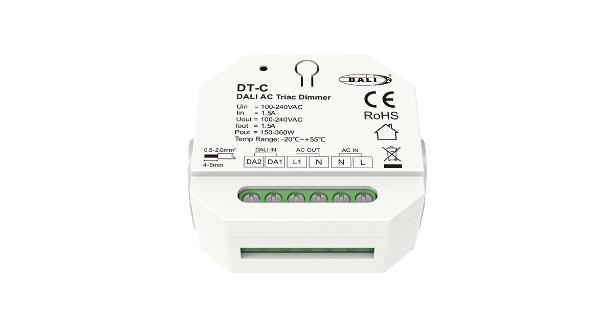 DT-C DALI Triac Dimmer Frontansicht für 230V LED Beleuchtung mit Anschlussklemmen