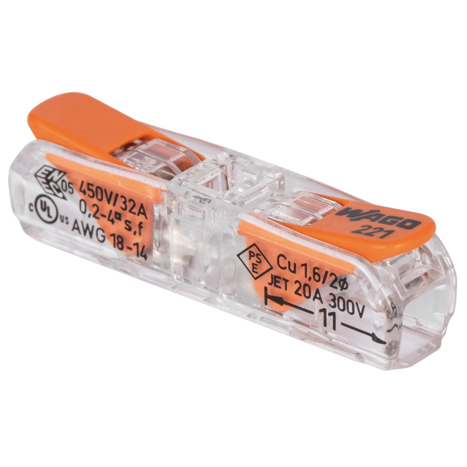 WAGO 221-2411 Hebel-Durchgangsklemme – 1-polig, 0,2–4 mm², transparent, kompakte Verbindungsklemme für massive & flexible Leiter