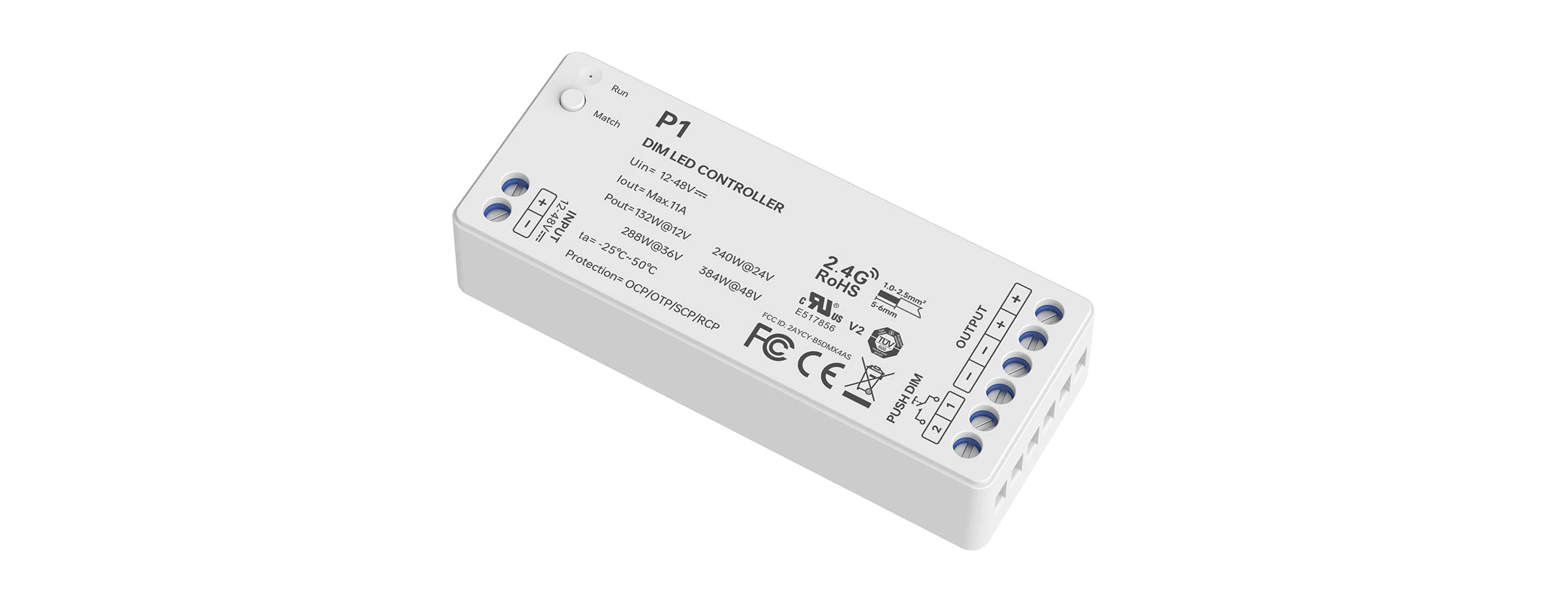 LTECH M1A+P1 LED Funk Set 2.4 GHz, Funk Fernbedienung & 1-Kanal Empfänger, 12-48V DC, für einfarbige LED Streifen
