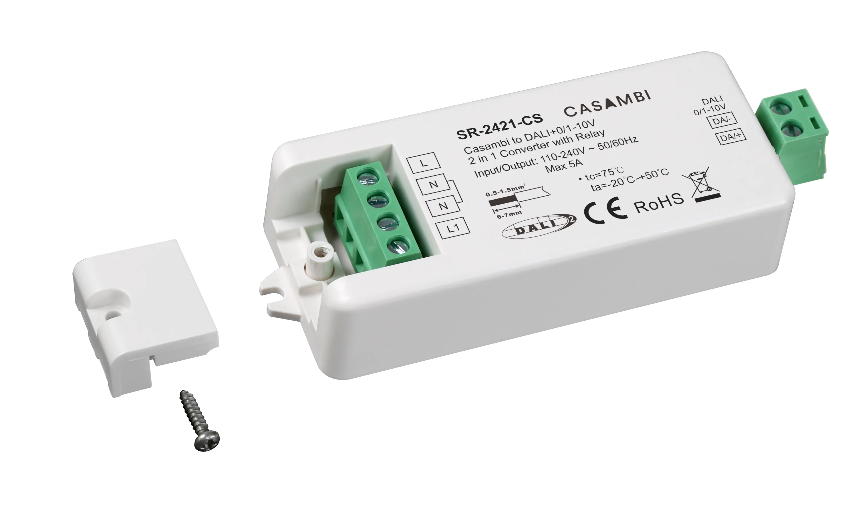 Casambi DALI Gateway SR-2421-CS geöffnet Casambi DALI Gateway SR-2421-CS geöffnet mit 230V Anschlussklemmen und DALI Ausgang