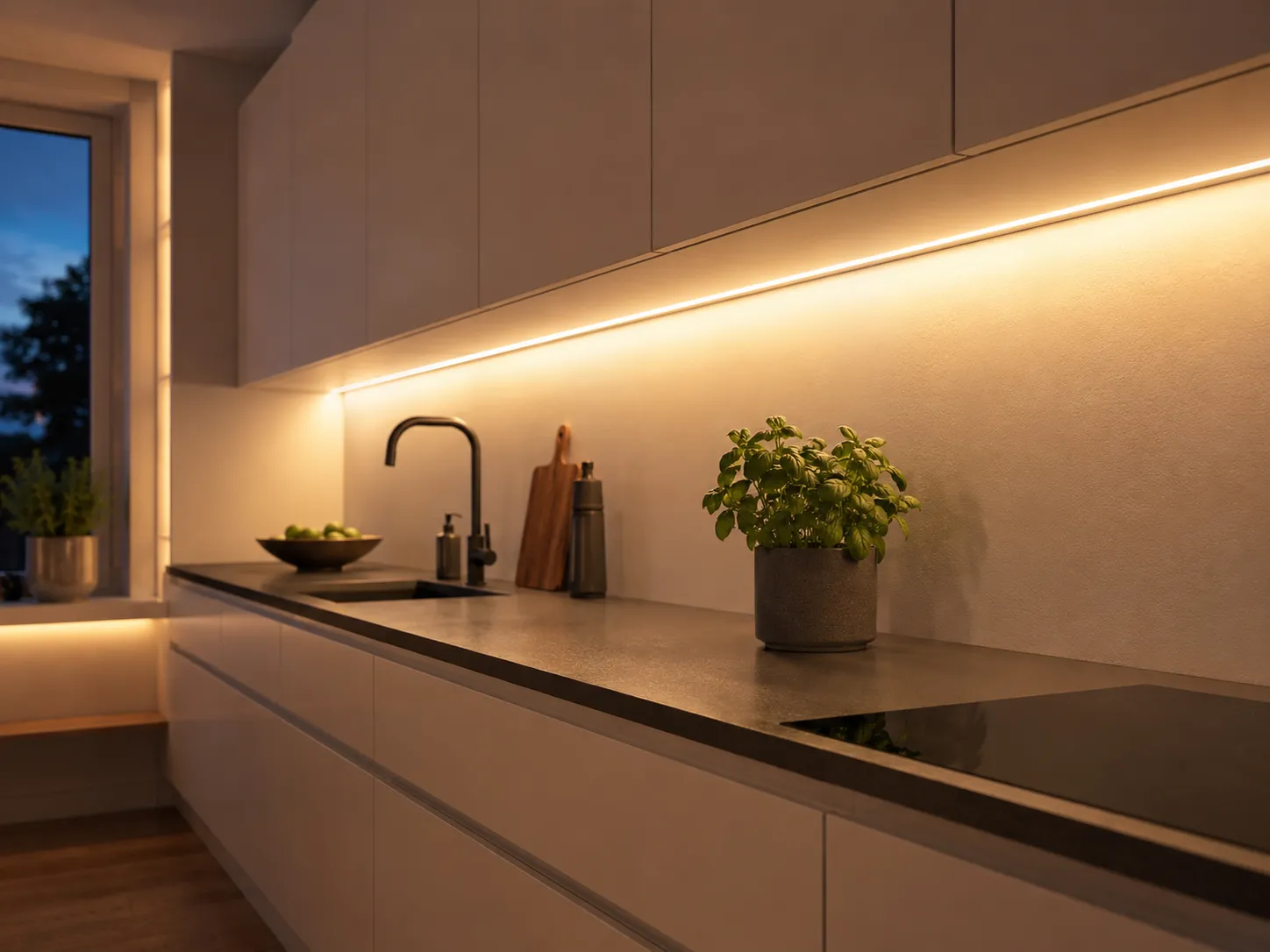 Moderne Küche mit indirekter warmweißer LED Beleuchtung unter Hängeschränken