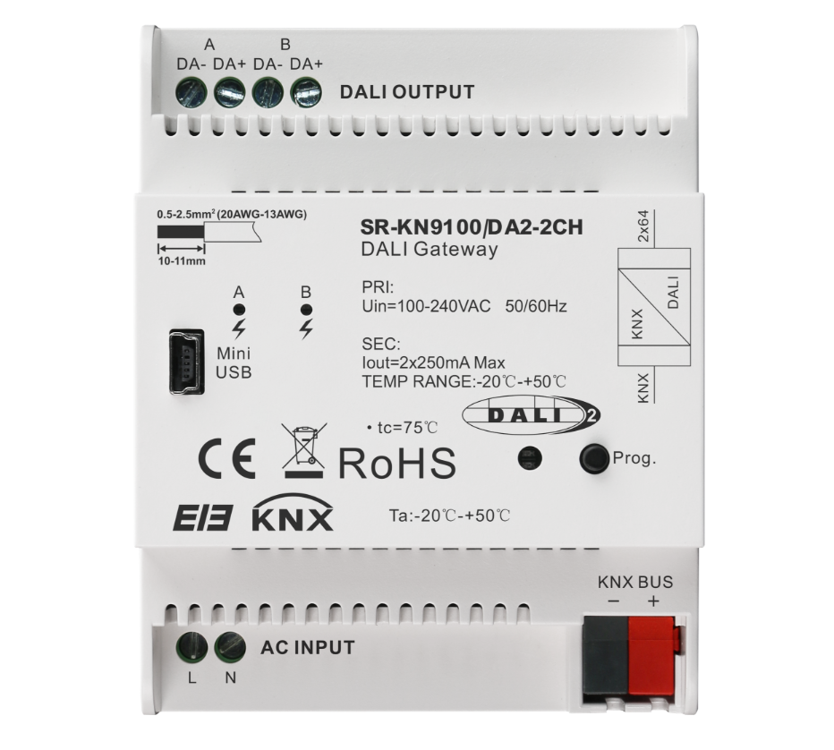 SR-KN9100-DA2 KNX DALI Gateway – 2-Kanal DALI Schnittstelle für KNX-Systeme, DT6 & DT8, HCL-fähig