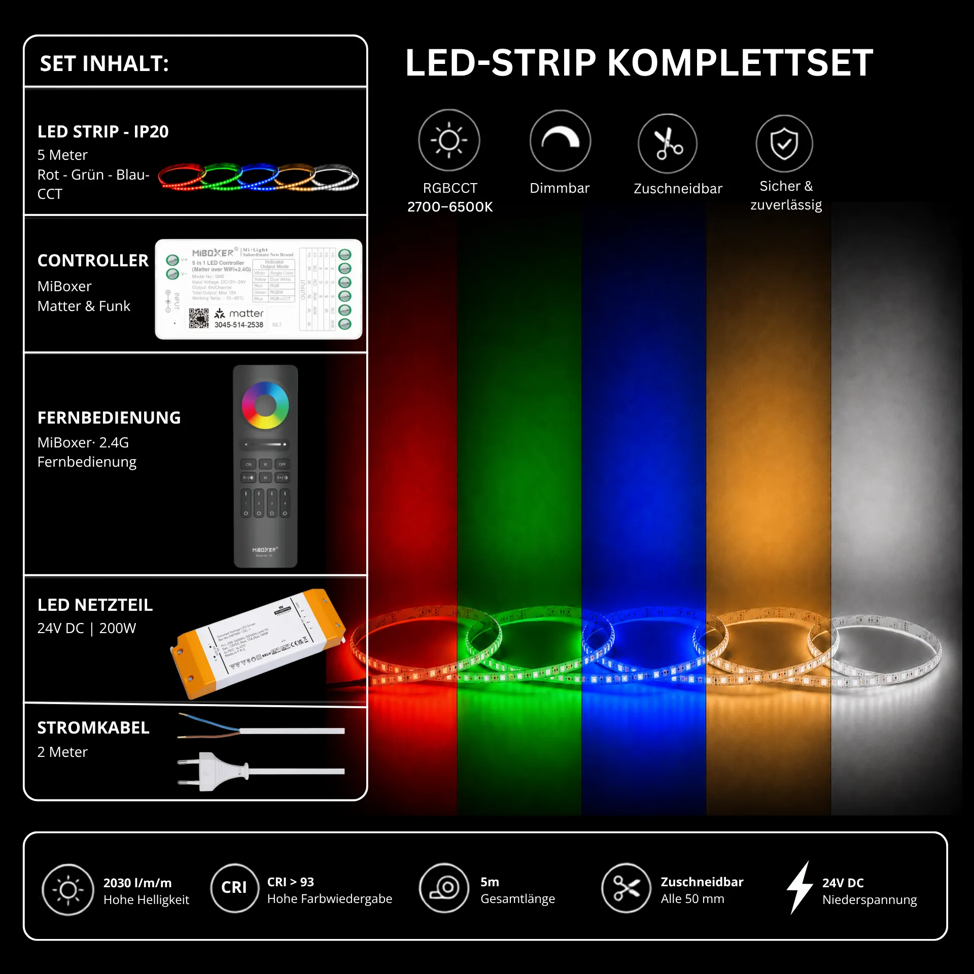 LED Streifen Set RGBCCT – RGBCCT LED Streifen 24V, 5-in-1, 33 W/m, 2030 lm/m, 5m, RGB + 2700-6500K – SNP-200 Netzteil, SM5 Matter Controller & C5 Fernbedienung Schwarz