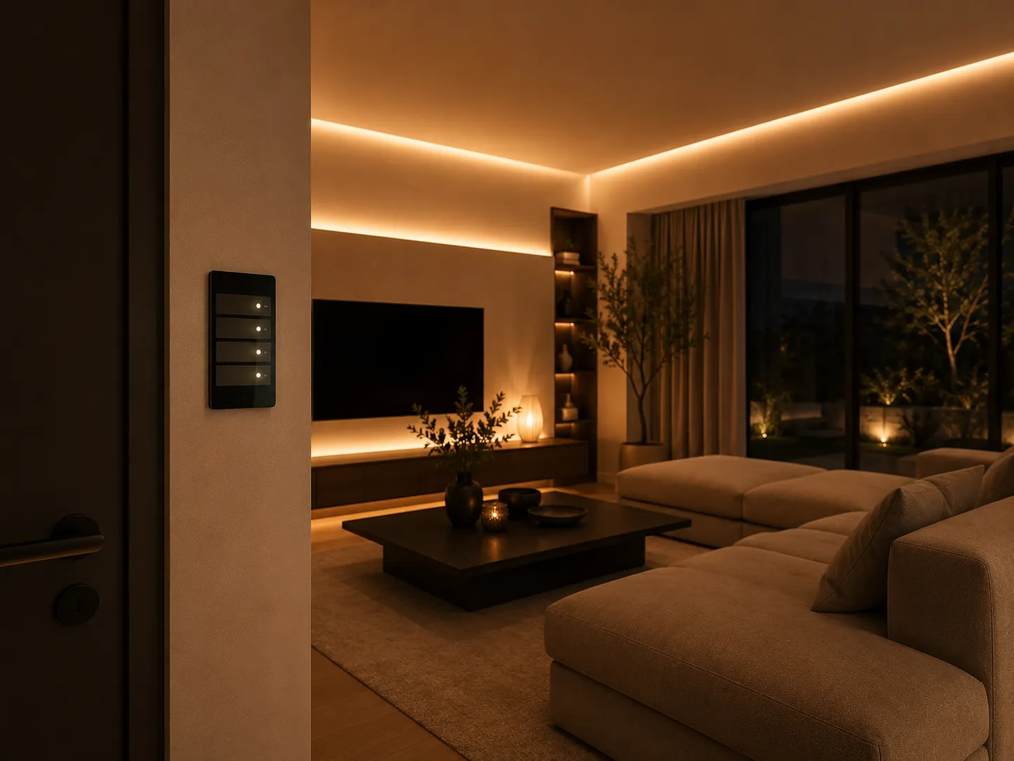 Moderne LED Lichtsteuerung mit Wandpanel und gespeicherten Lichtszenen im Wohnzimmer