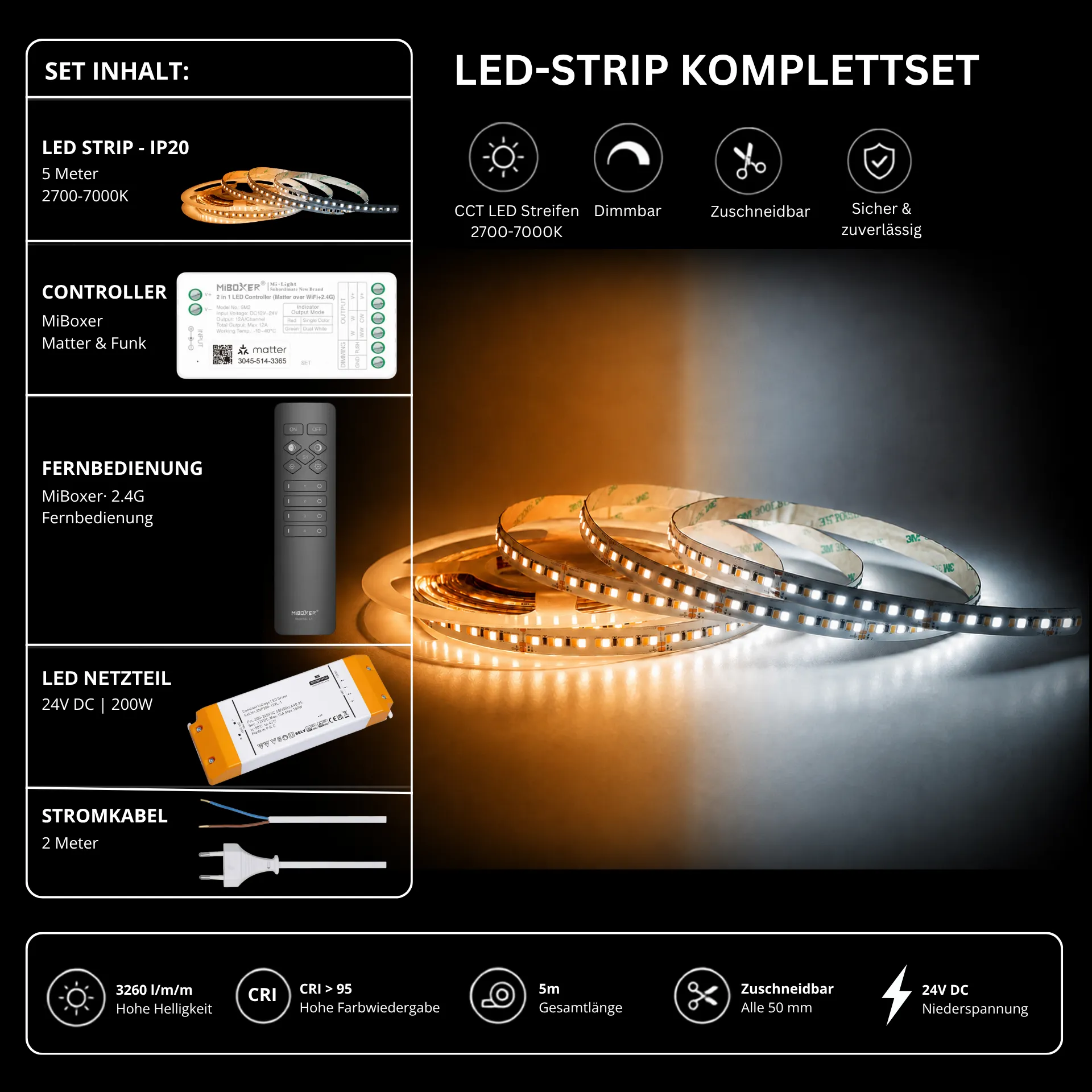 LED Streifen Set Tunable White – CCT LED Streifen 24V, 240 LEDs/m, 29 W/m, 5m, 2700-7000K, CRI 95 – SNP-200 Netzteil, SM2 Matter Controller & C1 Fernbedienung Schwarz