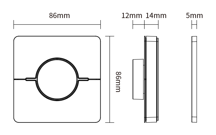 MiBoxer K0S CCT LED Wandfernbedienung Maße und Abmessungen 86x86mm 2.4GHz Drehregler Technische Zeichnung der MiBoxer K0S CCT LED Wandfernbedienung mit Maßen 86x86mm und Einbautiefe für LED Streifen Steuerung