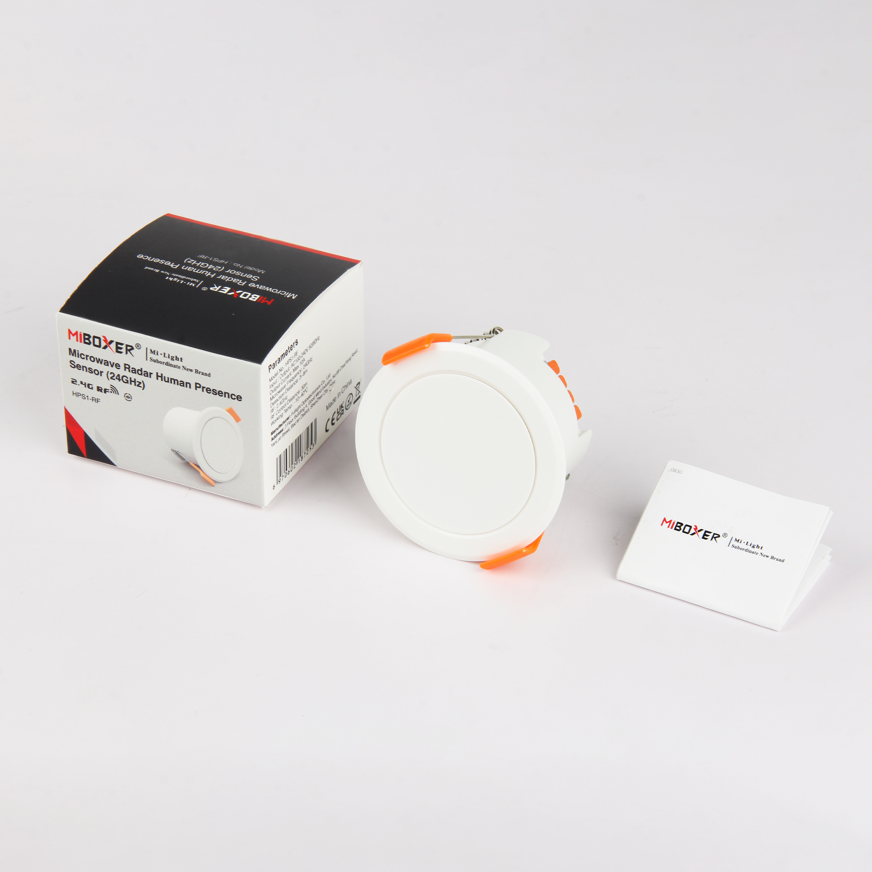 MiBoxer HPS1 RF Präsenzsensor 2.4GHz Decken Einbau Bewegungssensor mit Verpackung MiBoxer HPS1 RF Präsenzsensor 2.4GHz als Decken Einbau Sensor zur Anwesenheitserkennung mit Verpackung und Zubehör