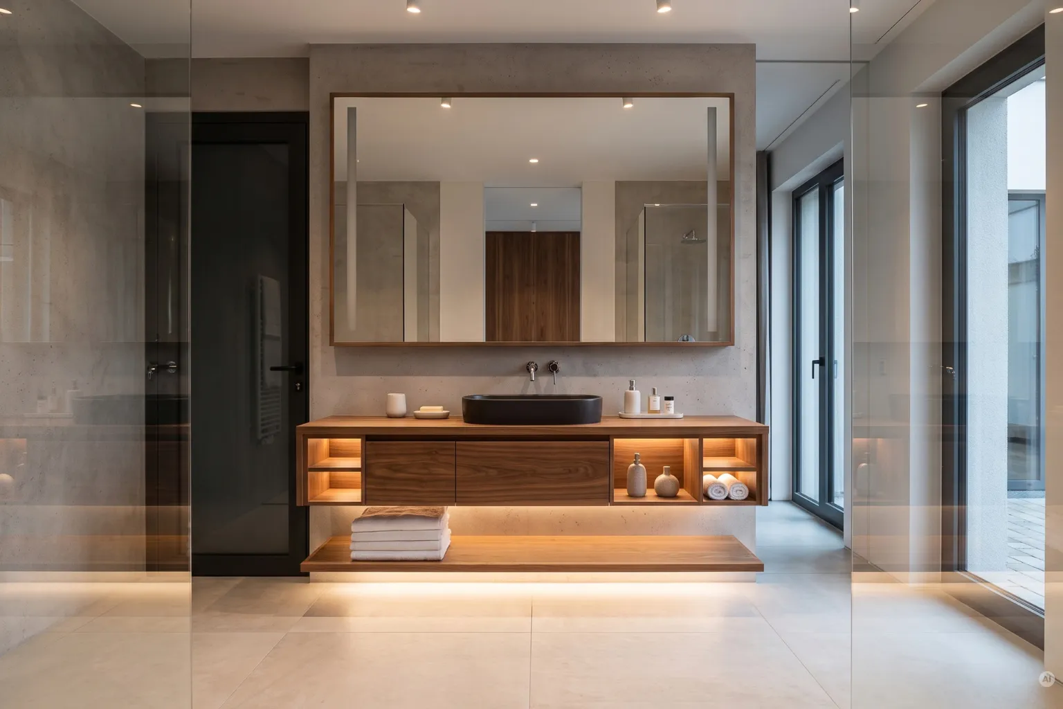 Innenansicht eines modernen Luxus-Badezimmers mit Sichtbetonwänden, großem beleuchtetem Spiegel und einem maßgefertigten Walnuss-Waschtisch mit integrierter, warmer LED-Beleuchtung in Regalnischen und am Boden.