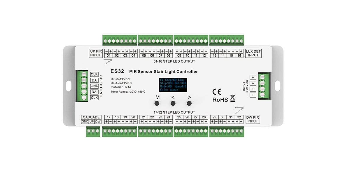ES32 Treppenlicht Controller Frontansicht ES32 Treppenlicht Controller 32 Kanal mit PIR Sensor für LED Treppenbeleuchtung Frontansicht mit Anschlussklemmen