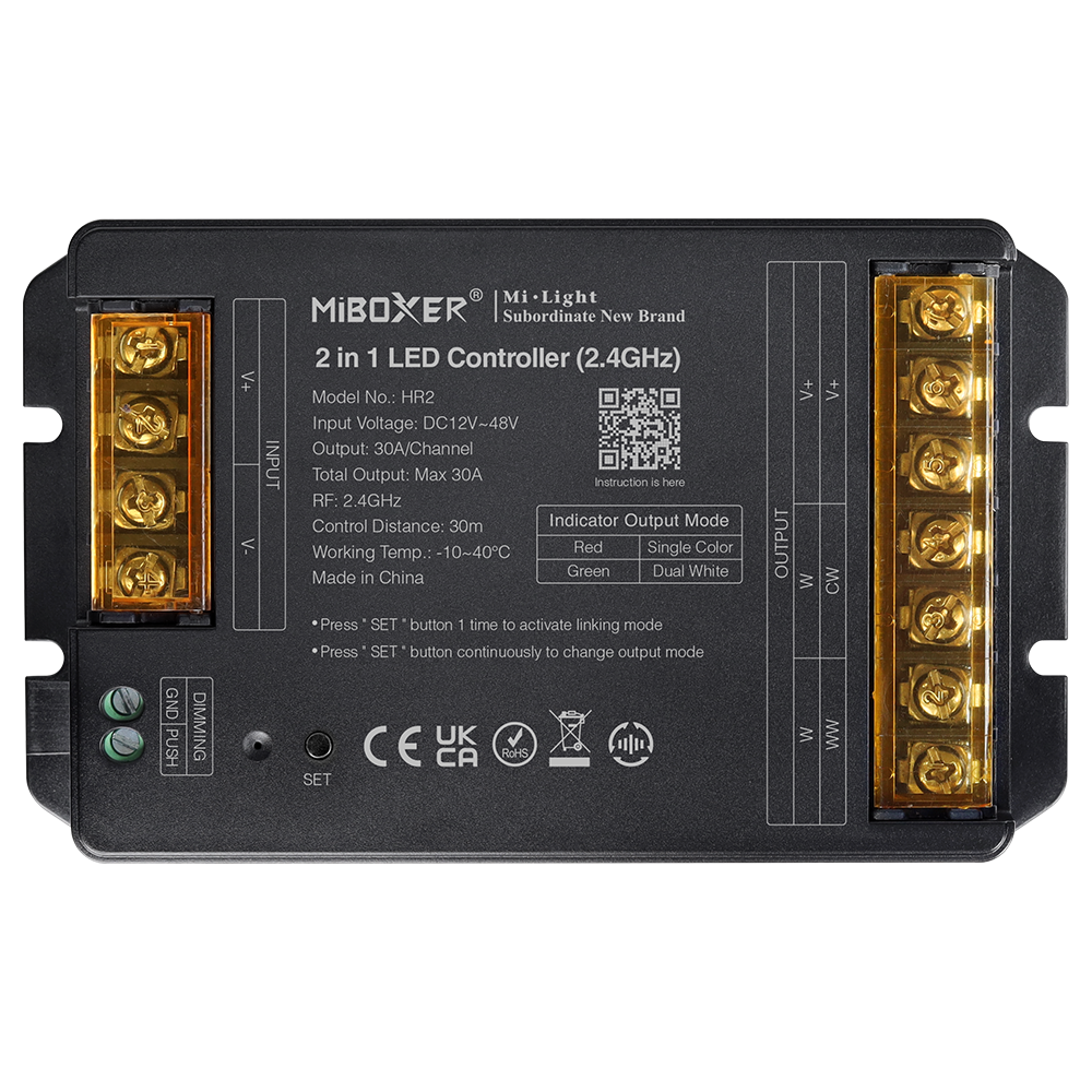 MiBoxer HR2 2-in-1 LED Controller – einfarbig und CCT, 12–48V DC, 30A, 2,4 GHz Funk, Schraubklemmen, Push Dimming, Frontansicht