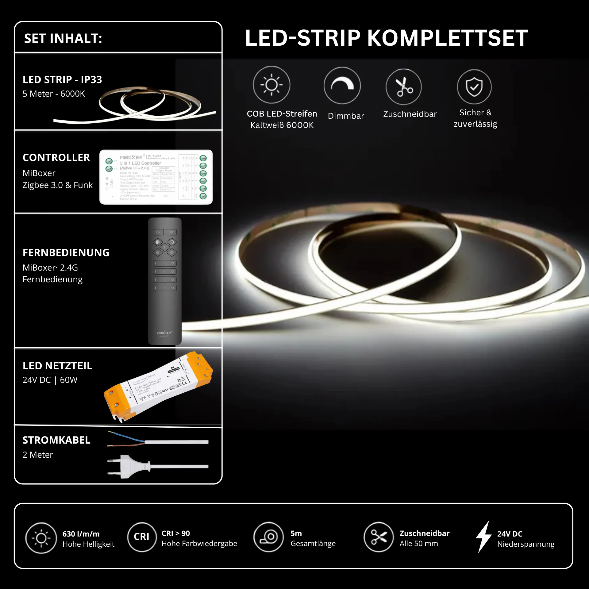 LED Streifen Set Einfarbig COB Schmal – 5 mm COB LED Streifen 24V, punktfrei, 7 W/m, 5m, Kaltweiß 6000K, CRI 90 – SS60 Netzteil, SZ2 Zigbee 3.0 Controller & C1 Fernbedienung Schwarz