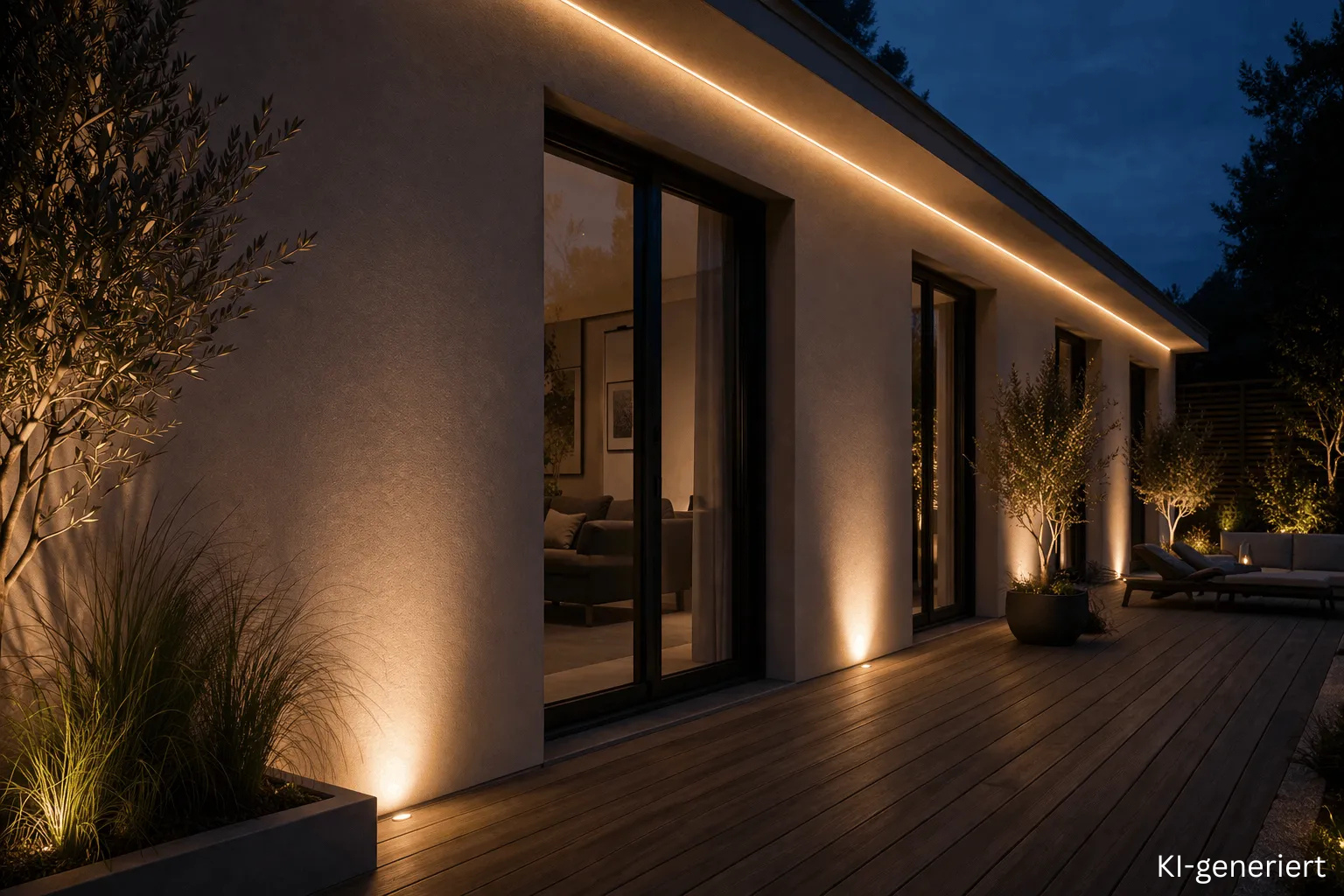 Konturenbeleuchtung mit LED Streifen an der Hausfassade in Warmweiß