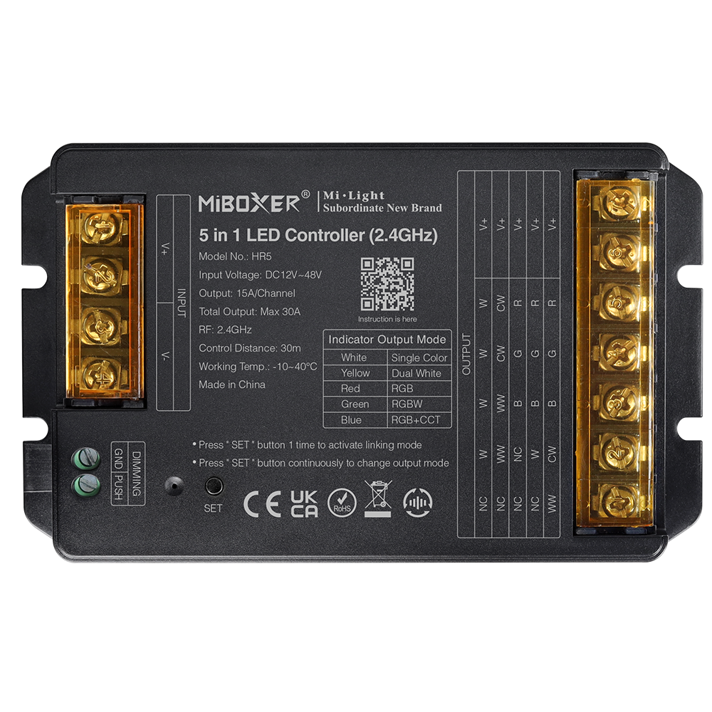 MiBoxer HR5 5-in-1 LED Controller – RGB, RGBW, RGB+CCT, CCT und einfarbig, 12–48V DC, 30A, 2,4 GHz Funk, Schraubklemmen, Frontansicht