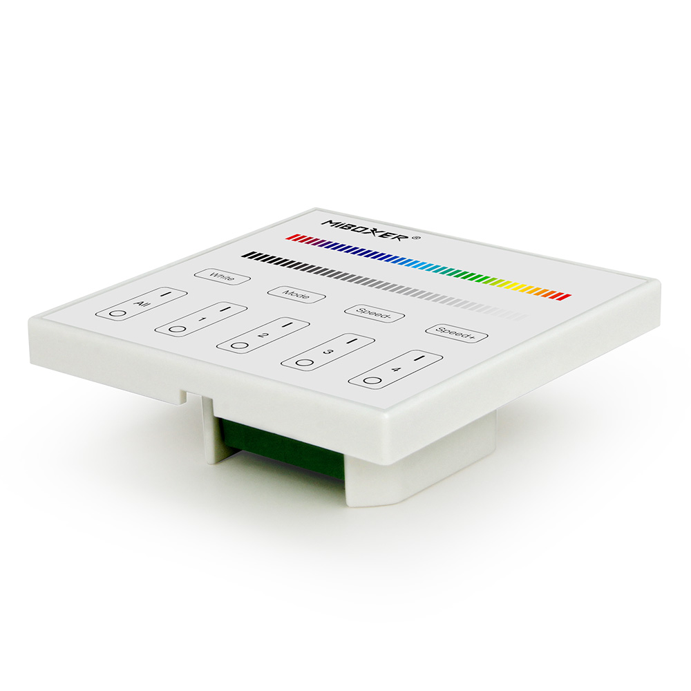 MiBoxer X4 DMX512 – RGBW LED Touchpanel | 4-Zone Lighting Controller Angled view of the MiBoxer X4 DMX512 RGBW LED Touch Wall Panel – 4-Zone Controller with Glasoberfläche, Farbskala und Mode/Speed Buttons