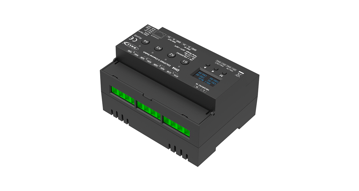 DH4 DALI/DMX AC-Schaltaktor – 4-Kanal, 16A, 100–240V, für Gebäudeautomation und Lichtsteuerungssysteme