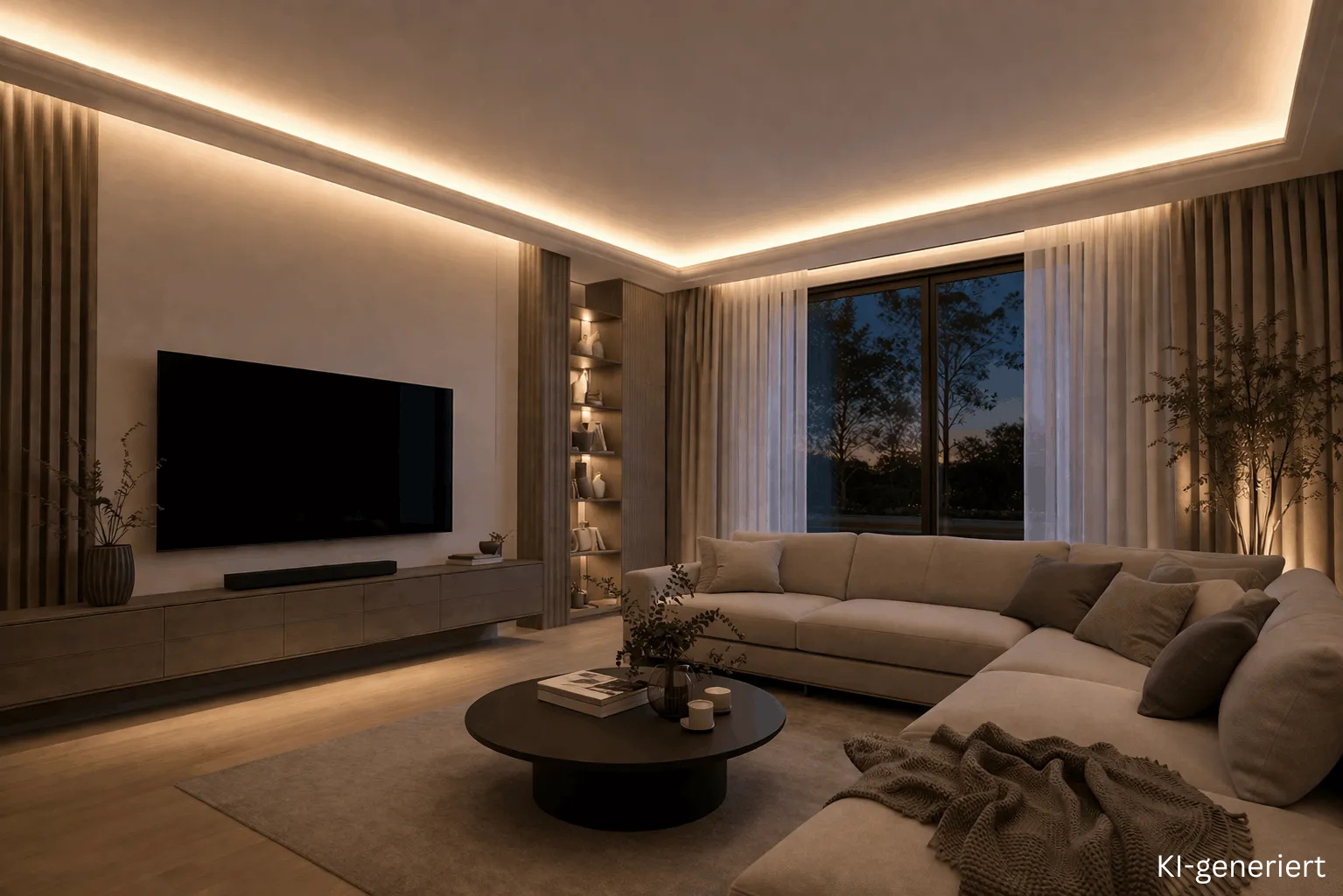 Indirekte Voutenbeleuchtung mit warmweißen LED Streifen im Wohnzimmer