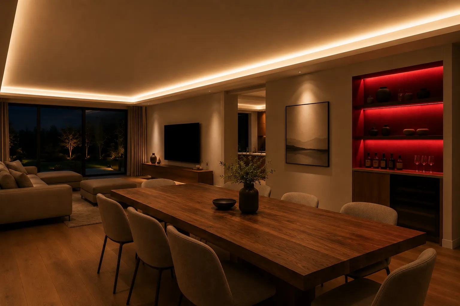 RGBW LED Streifen Set mit natürlichem Weißlicht an der Decke und farbigem Akzent in der Wandnische