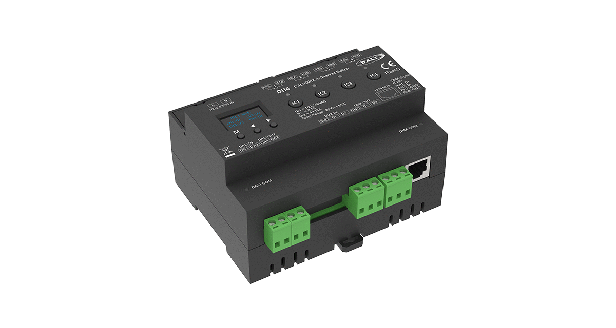 DH4 DALI/DMX AC-Schaltaktor – 4-Kanal, 16A, 100–240V, für Gebäudeautomation und Lichtsteuerungssysteme