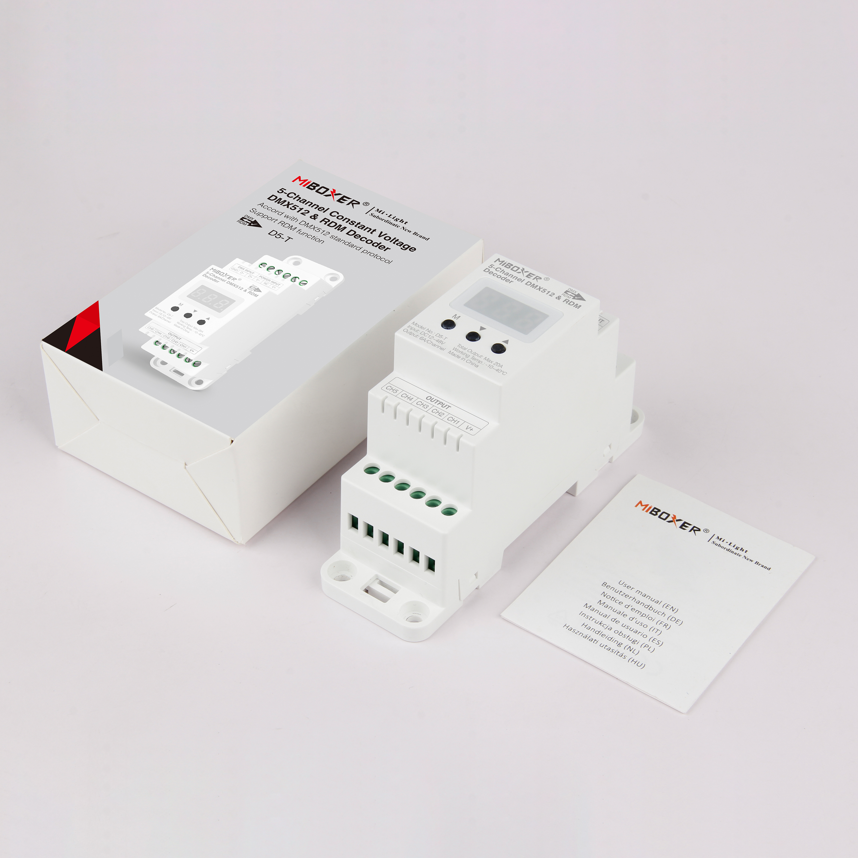MiBoxer D5-T 5-Kanal DMX512 RDM LED-Decoder mit Verpackung und Zubehör für Hutschiene Art. 23001