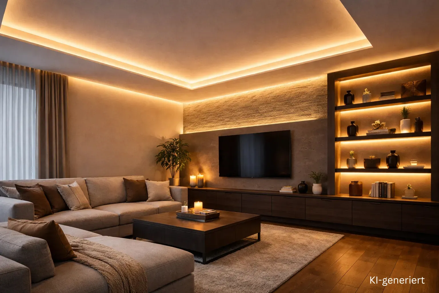 Wohnzimmerbeleuchtung mit LED Streifen als indirekte Beleuchtung an Decke und TV Wand in warmweiß für gemütliches Licht