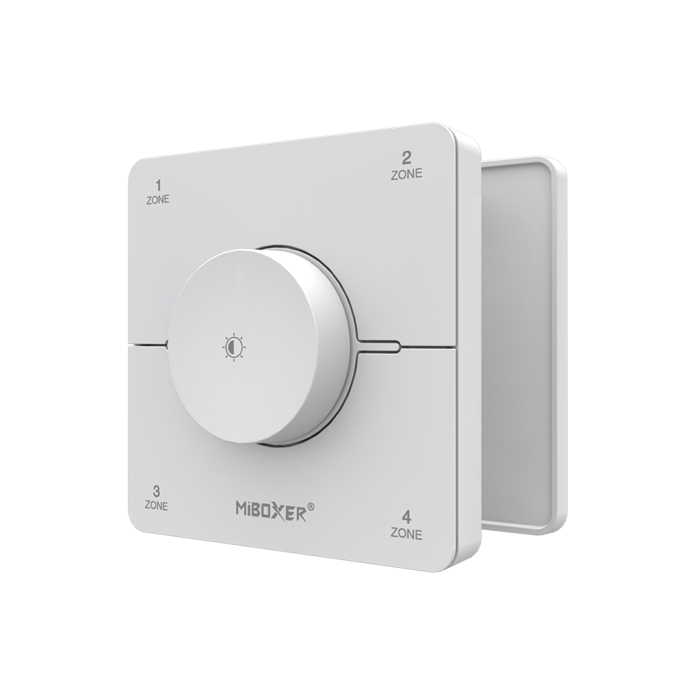 MiBoxer K0S CCT LED Wandfernbedienung in Weiß mit Drehregler und sichtbarer Rückseite zur Montage und magnetischen Halterung für LED Streifen Steuerung