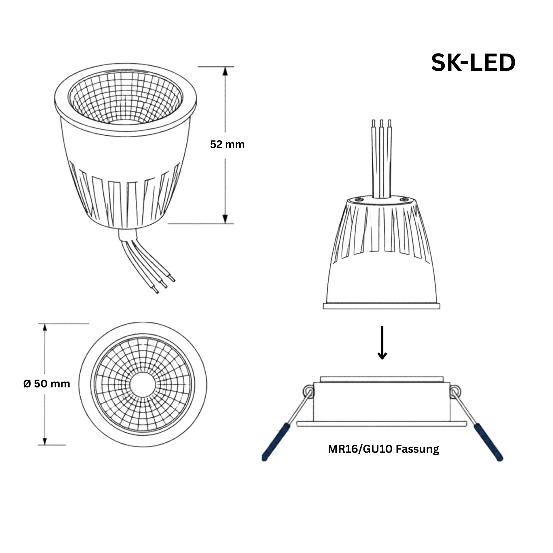 MR16 LED Spot 10W 24V CCT Maßzeichnung – 2000-6000K CRI95 60° Abstrahlwinkel Maßzeichnung MR16 LED Spot 10W 24V DC mit CCT 2000-6000K, CRI 95 und 60° Abstrahlwinkel
