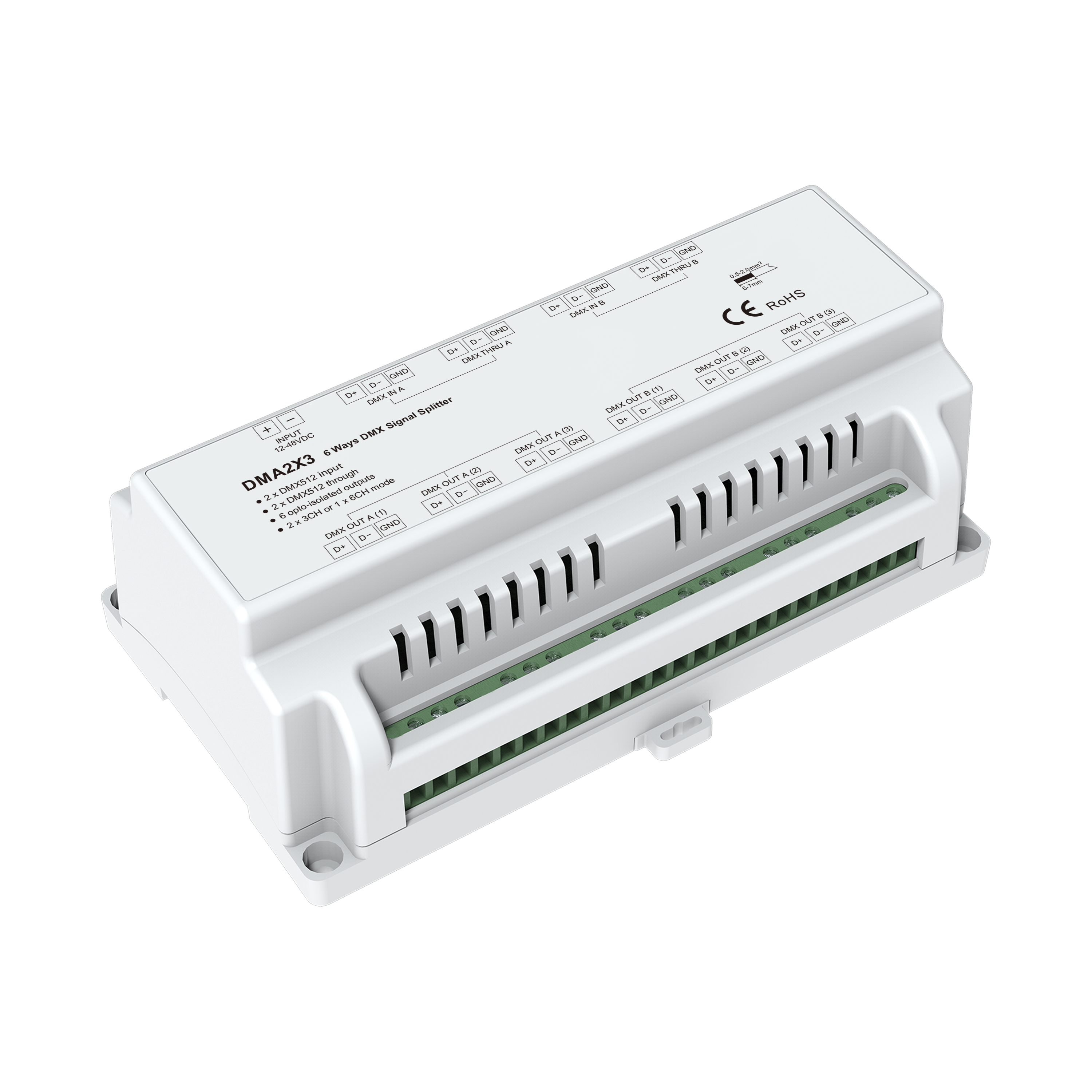 DMA2X3 DMX512 6-fach Signal Splitter, Signalverteiler und Verstärker 12–48 V, Hutschienenmontage