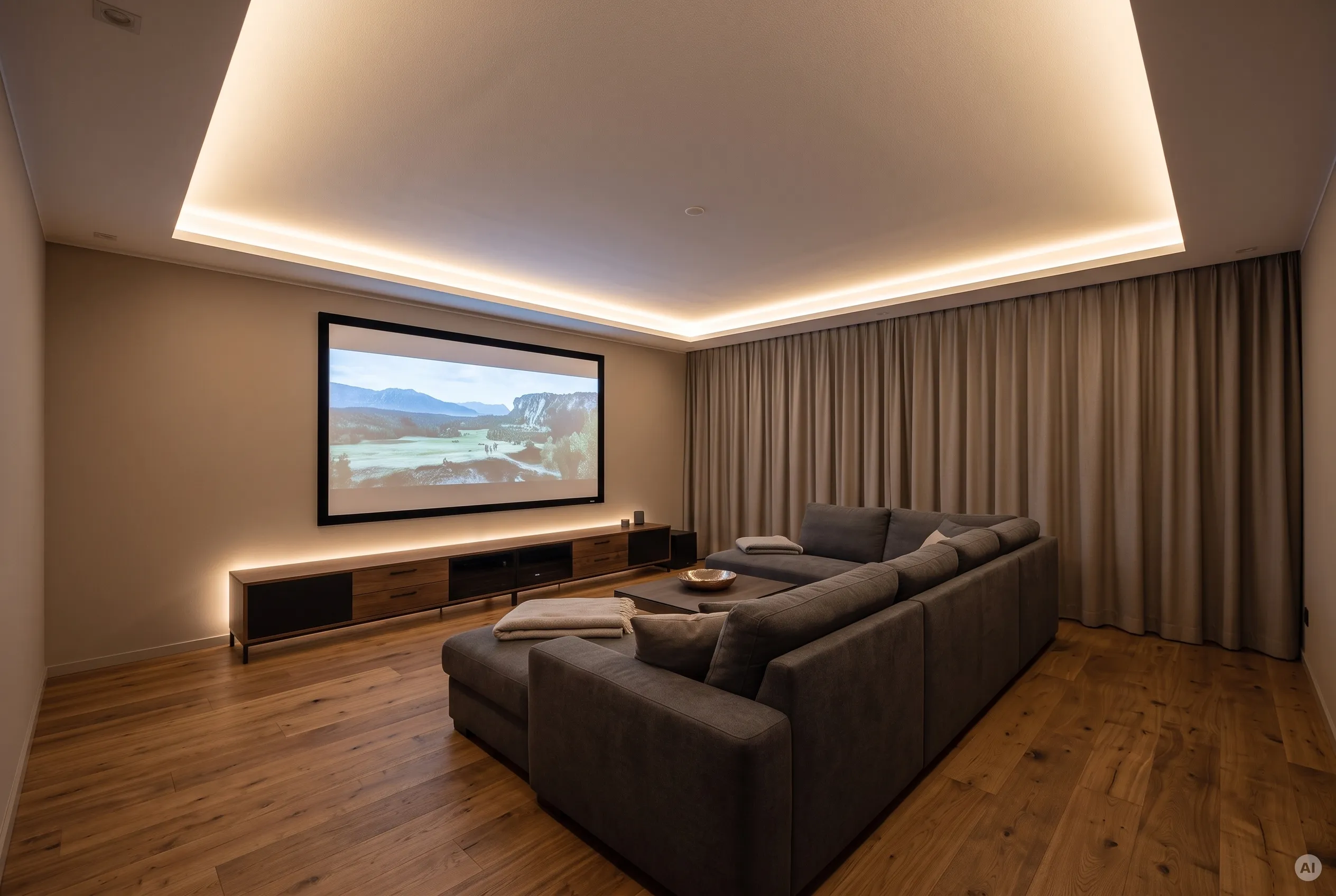 Gemütliches Wohnzimmer-Heimkino mit indirekter LED-Deckenbeleuchtung Modernes Wohnzimmer mit großer Projektionsleinwand, bequemem Ecksofa und warmweißer, indirekter LED-Lichtvoute an der Decke.