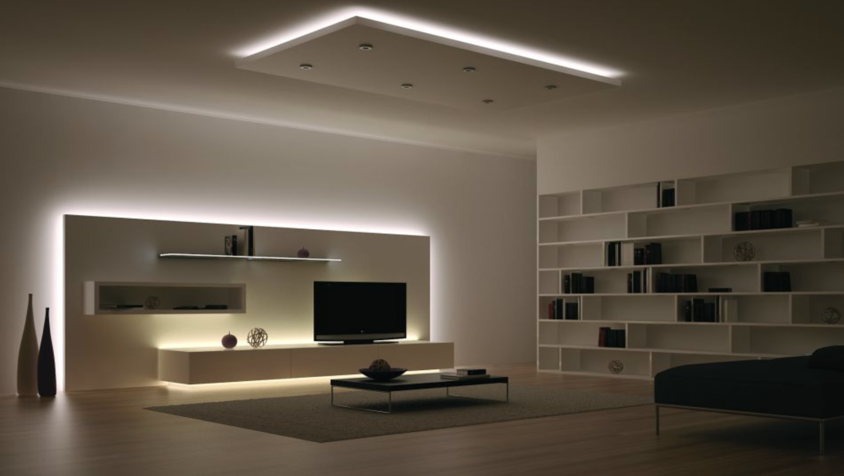 Indirekte LED Beleuchtung Wohnzimmer Beispiel Indirekte LED Beleuchtung im Wohnzimmer mit LED Streifen an Decke und Möbeln in warmweiß