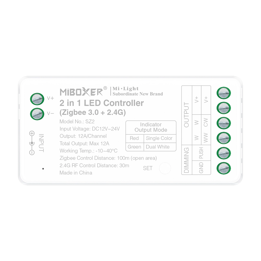 MiBoxer SZ2 2-in-1 LED Controller – Zigbee 3.0 und 2,4 GHz Funk, einfarbig und CCT, 12–24V DC, 12A, Push Dimming, Frontansicht