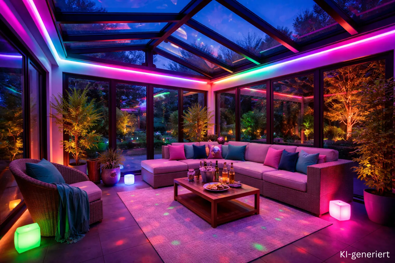 RGB LED Streifen als farbige Partybeleuchtung im Wintergarten