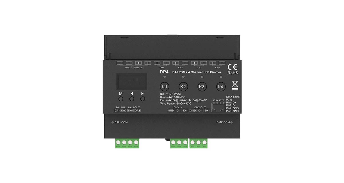 DALI DMX LED Dimmer DP4 4 Kanal Controller Frontansicht mit Display und Anschlüssen