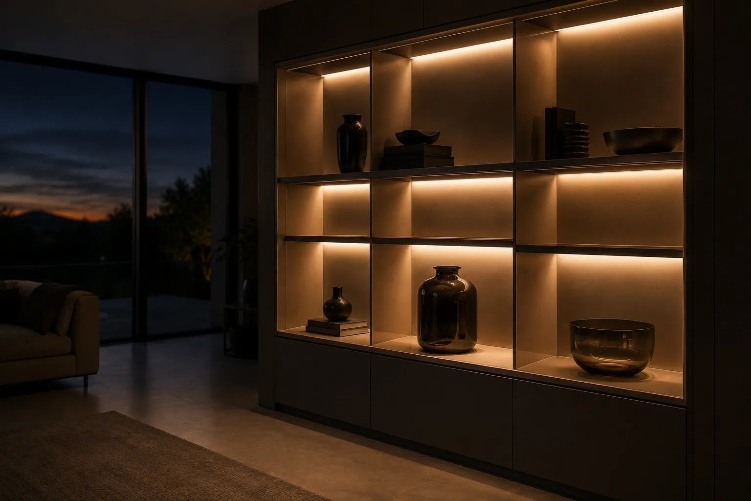 Moderne Wohnwand mit flächenbündig integrierter warmweißer LED-Beleuchtung in den Regalfächern ohne sichtbare Technik.