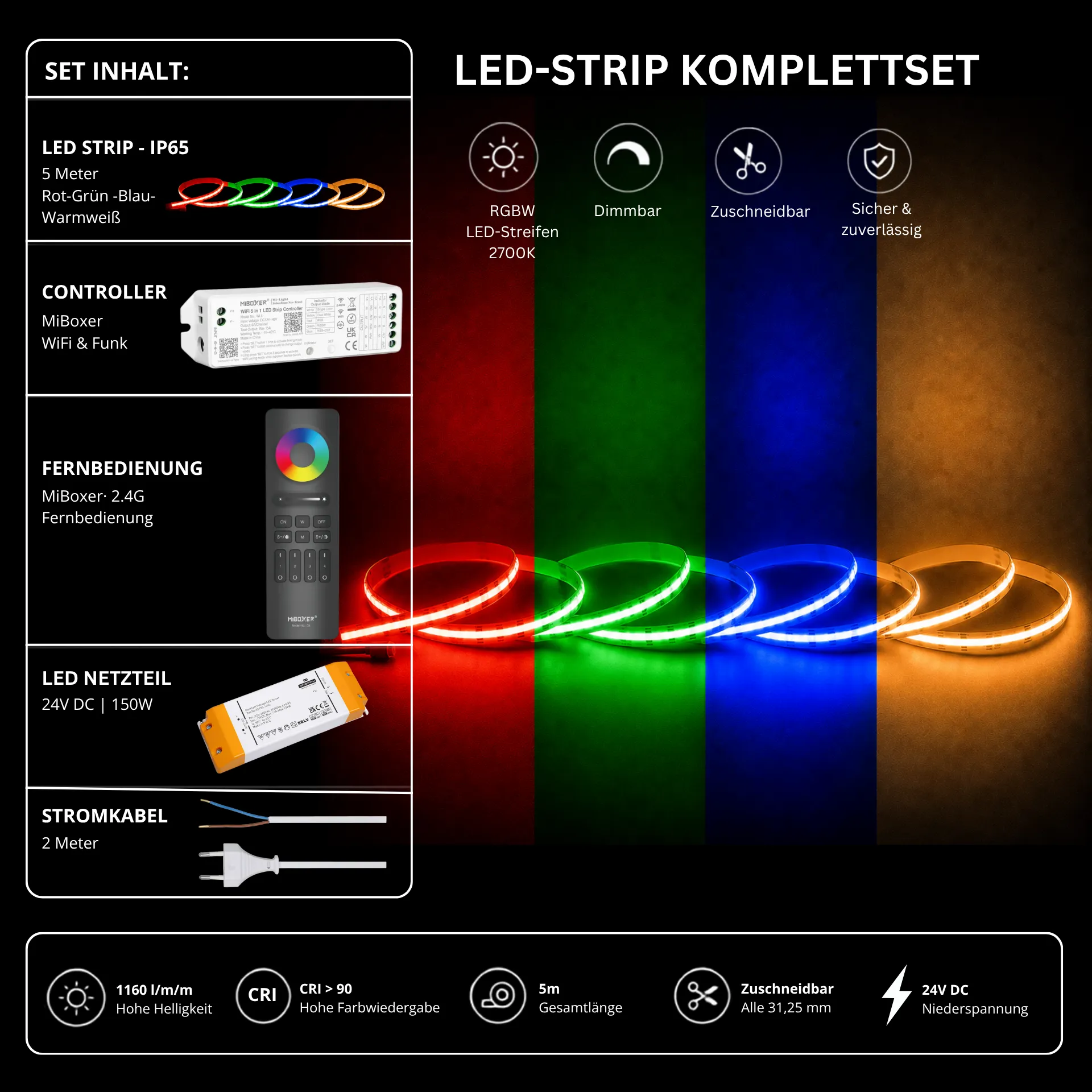 LED Streifen Set RGBW – COB LED Streifen 24V, punktfrei, 20 W/m, 5m, RGB + Warmweiß 2700K, CRI 90, IP65 – SS150 Netzteil, WL5 WiFi Controller & C5 Fernbedienung Schwarz