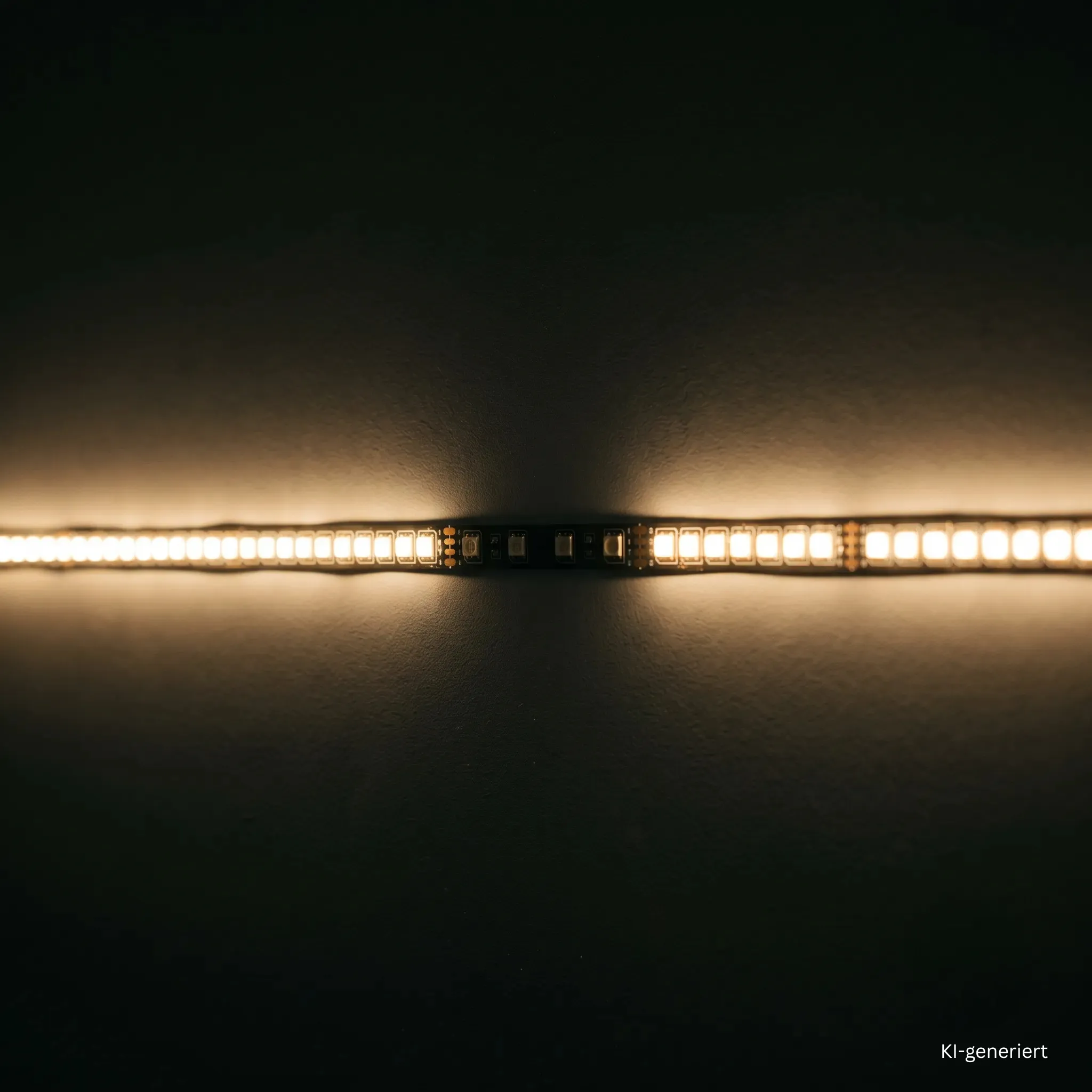 Warmweißer LED-Streifen mit einem dunklen Abschnitt in der Mitte als Beispiel für einen teilweise defekten LED-Streifen.