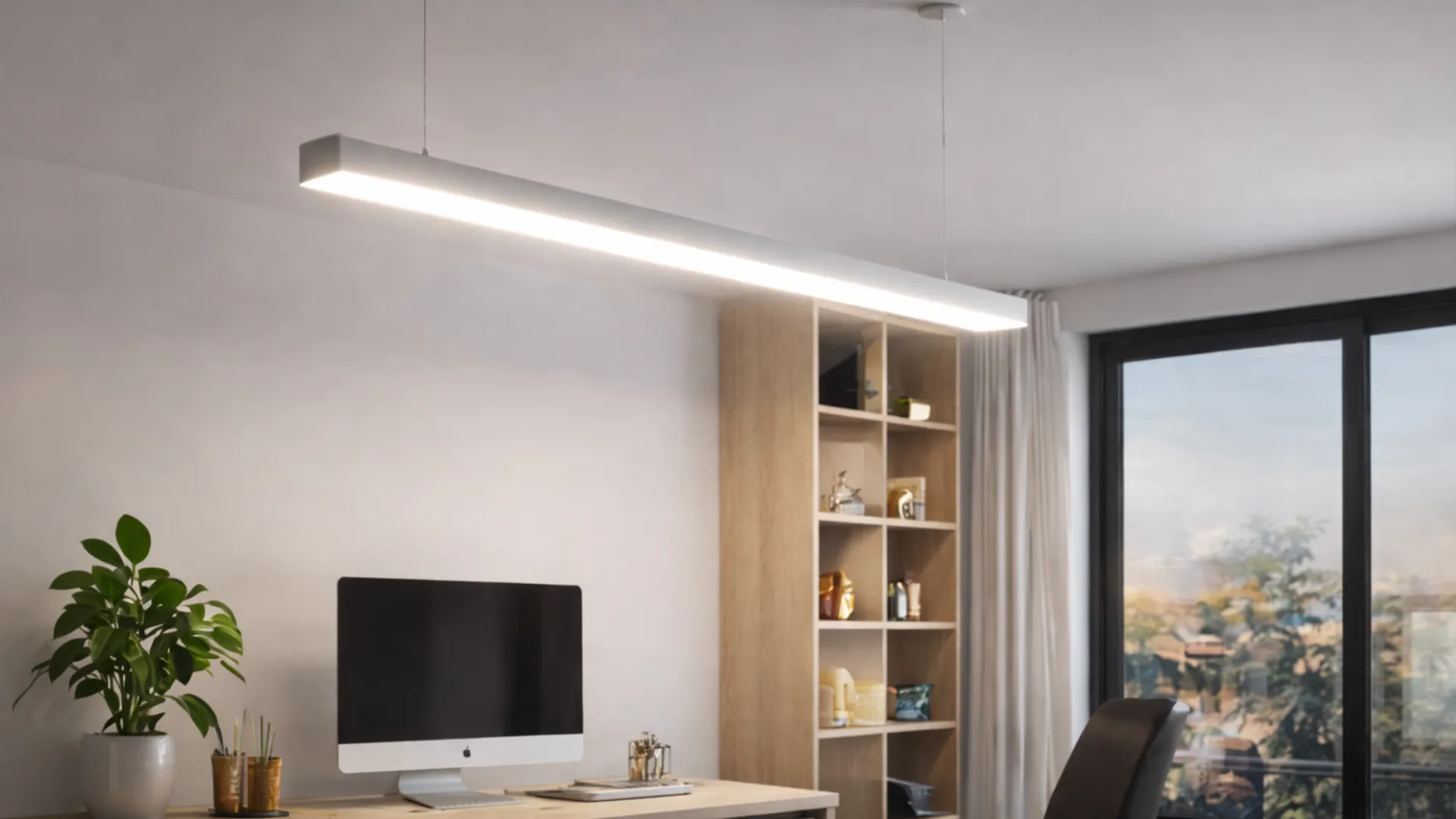 LED Lampenprofil als moderne Pendelleuchte im Büro mit linearer Deckenbeleuchtung und integriertem LED Streifen