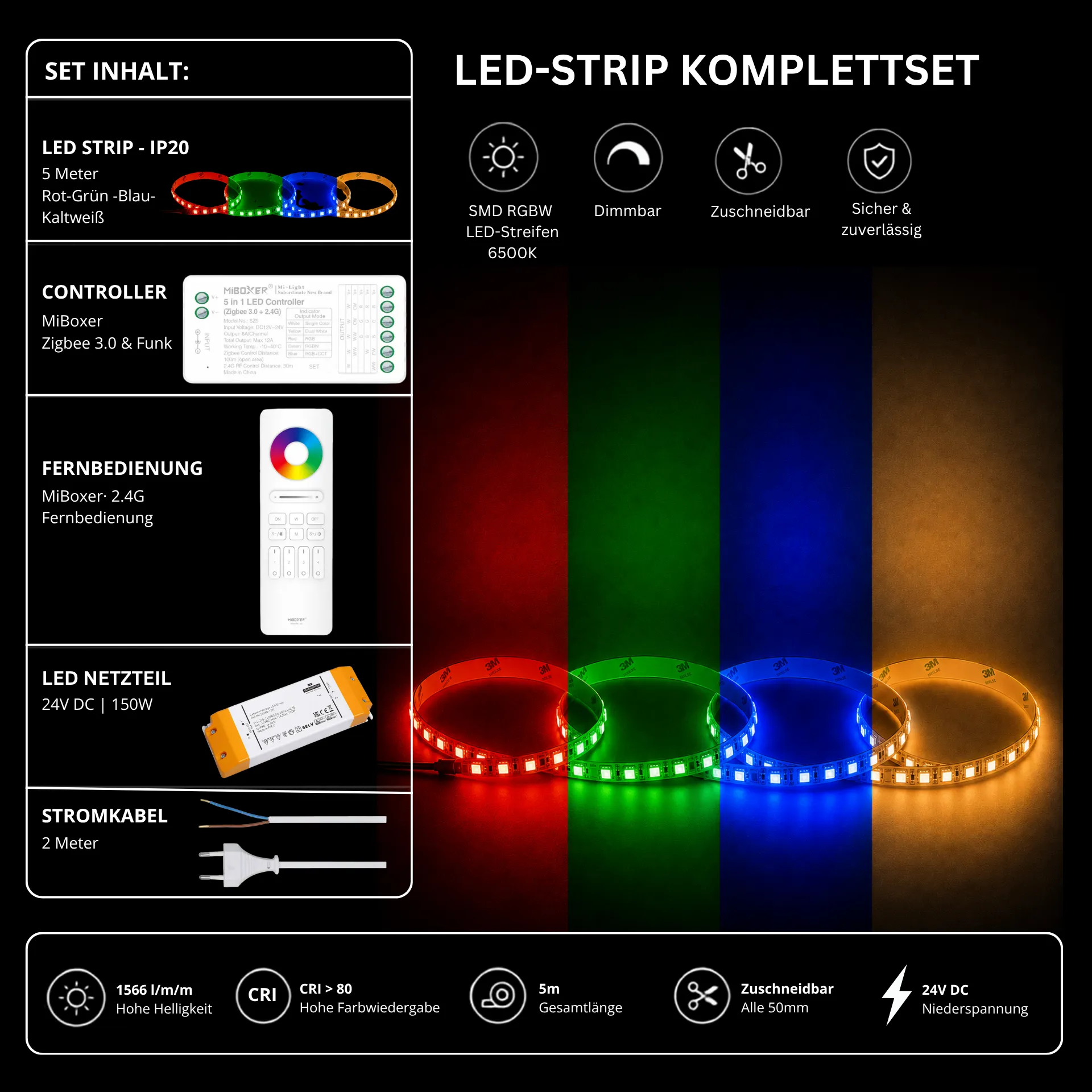 LED Streifen Set RGBW – SMD LED Streifen 24V, 4-in-1, 19,2 W/m, 5m, RGB + Kaltweiß 6500K – SS150 Netzteil, SZ5 Zigbee 3.0 Controller & C5 Fernbedienung Weiß
